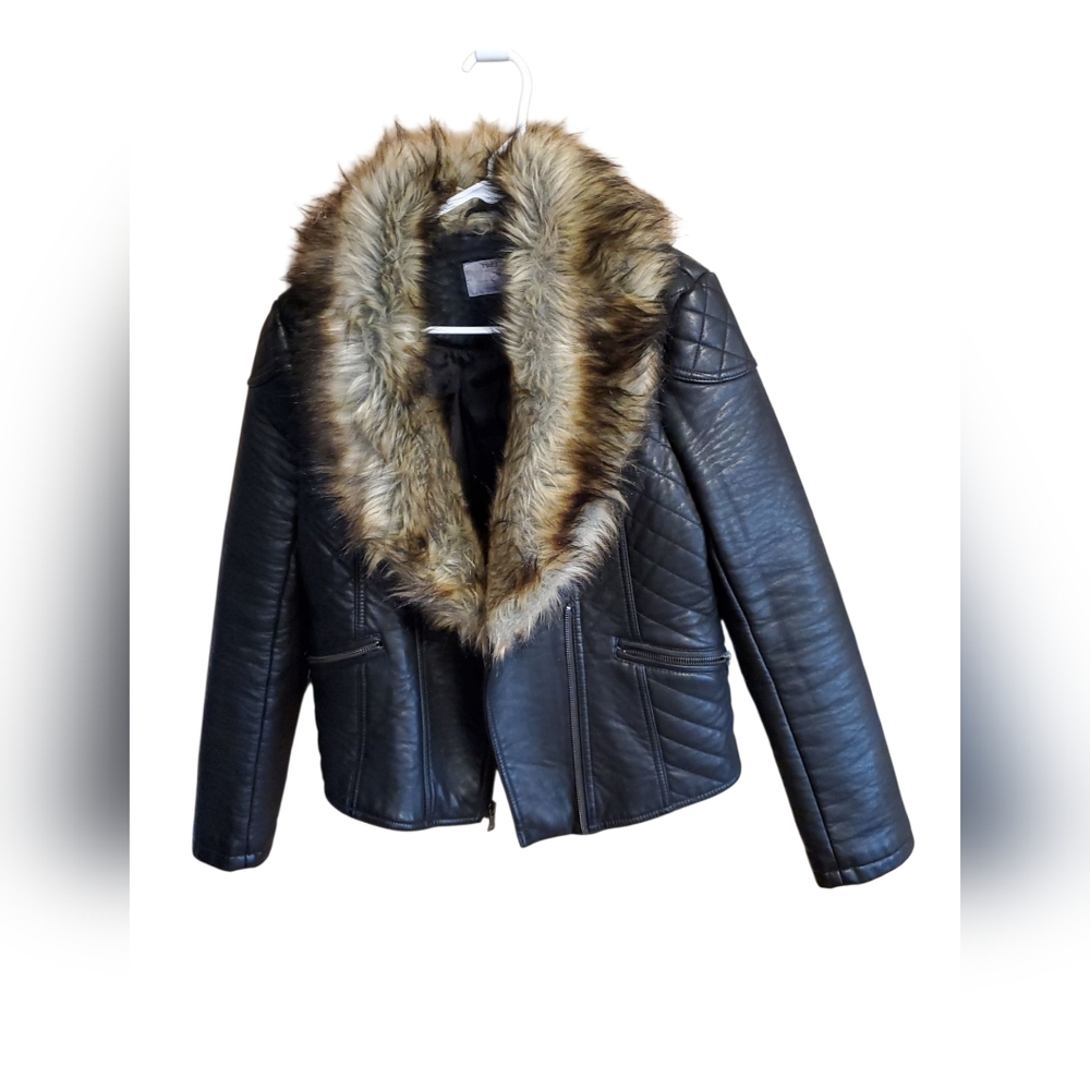 Women's Rough Hewn Grey Black Faux Leather Jacket with Fur Trim Size Medium - Picture 1 of 4